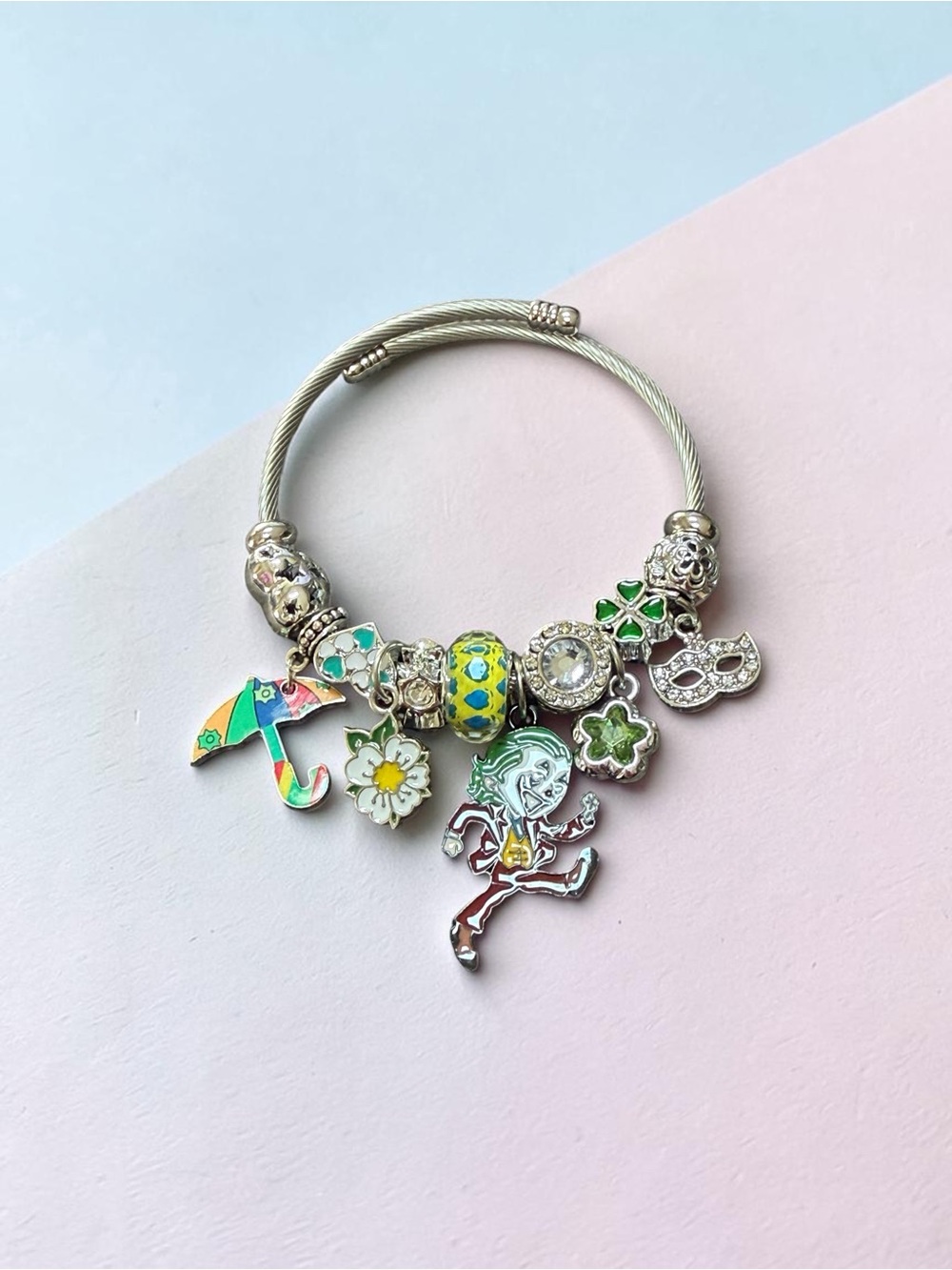 Silver-Tone Adjustable TwistedBangle Green& Yellow Charms  Multicolor Accents